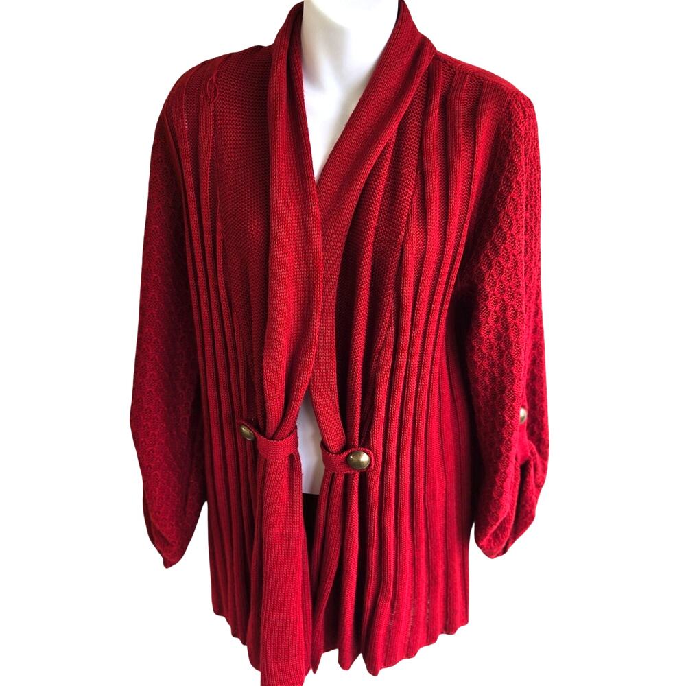 Carolyn Taylor Open Front Cozy Cardigan Roll Tab Sleeve Fall Winter Cabincore